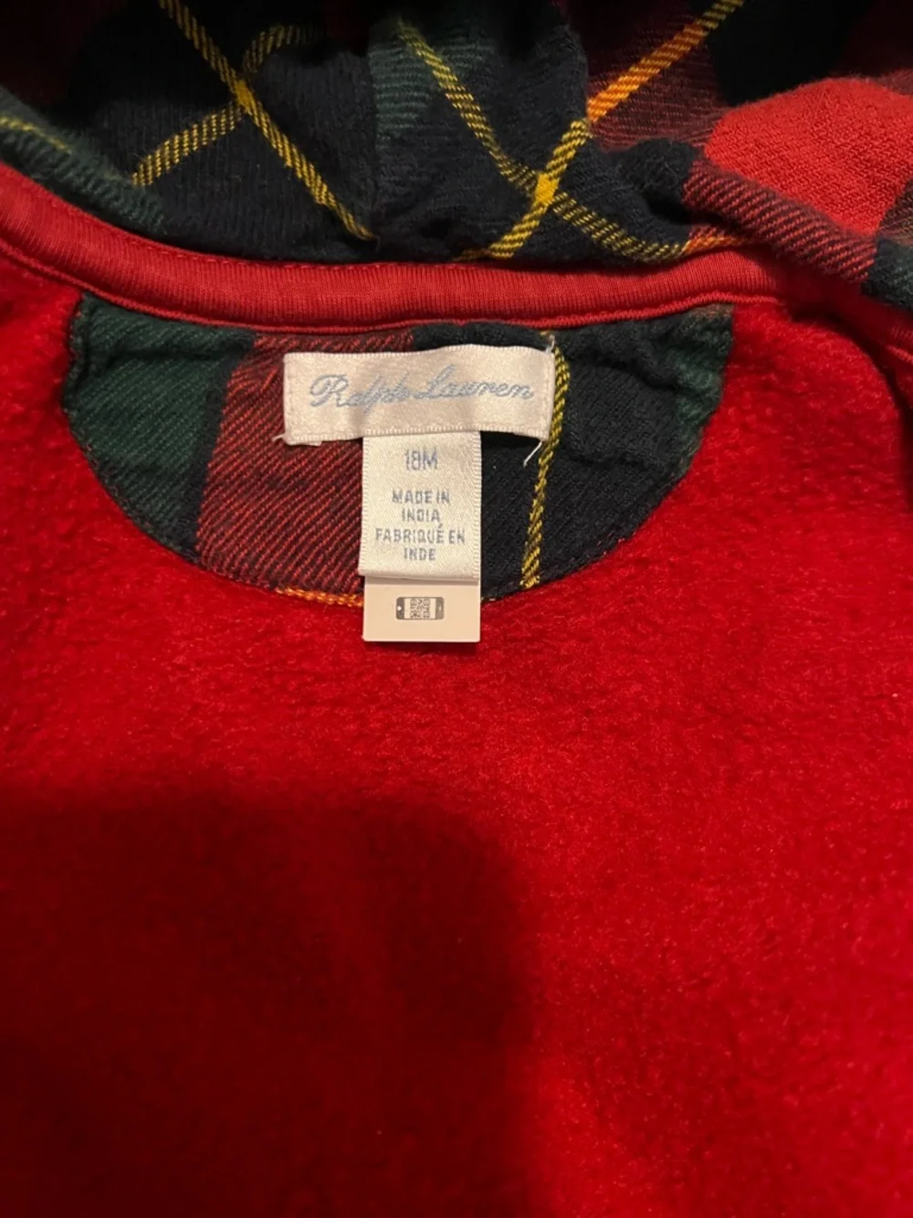 Ralph Lauren Red Hooded Zip Sweatshirt with Plaid Lining